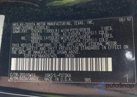 2010 Toyota Tundra Grade 5.7L V8 from USA, damaged, VIN 5TFEY5F18AX097405